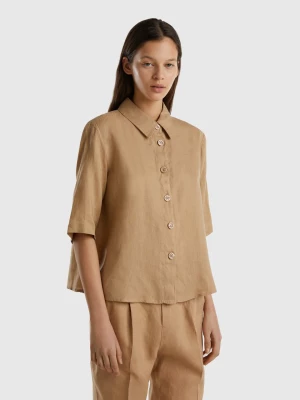 Benetton, Short Shirt In Pure Linen, size L, Camel, Women United Colors of Benetton
