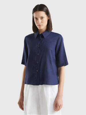 Benetton, Short Shirt In Pure Linen, size L, Dark Blue, Women United Colors of Benetton