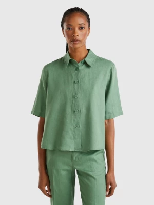 Benetton, Short Shirt In Pure Linen, size L, Green, Women United Colors of Benetton
