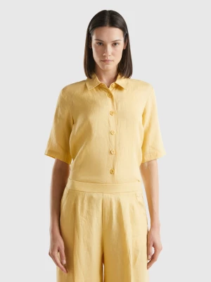 Benetton, Short Shirt In Pure Linen, size L, Yellow, Women United Colors of Benetton