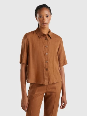 Benetton, Short Shirt In Pure Linen, size XL, Brown, Women United Colors of Benetton