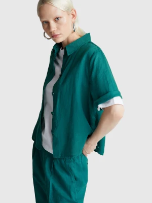 Benetton, Short Shirt In Pure Linen, Size: XL, Dark Green, Women United Colors of Benetton