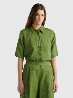 Benetton, Short Shirt In Pure Linen, size XL, Military Green, Women United Colors of Benetton