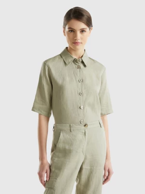 Benetton, Short Shirt In Pure Linen, size XS, Light Green, Women United Colors of Benetton
