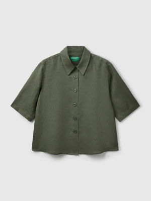Benetton, Short Shirt In Pure Linen, Size: XS, Military Green, Women United Colors of Benetton
