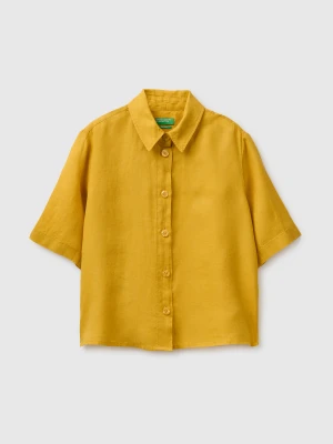 Benetton, Short Shirt In Pure Linen, Size: XS, Mustard, Women United Colors of Benetton