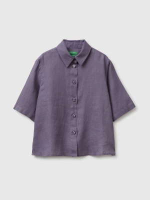 Benetton, Short Shirt In Pure Linen, Size: XS, Violet, Women United Colors of Benetton