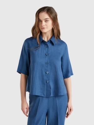 Benetton, Short Shirt In Pure Linen, size XXS, Air Force Blue, Women United Colors of Benetton