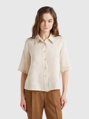 Benetton, Short Shirt In Pure Linen, size XXS, Beige, Women United Colors of Benetton