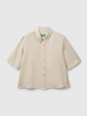 Benetton, Short Shirt In Pure Linen, Size: XXS, Beige, Women United Colors of Benetton