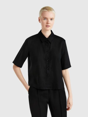 Benetton, Short Shirt In Pure Linen, size XXS, Black, Women United Colors of Benetton