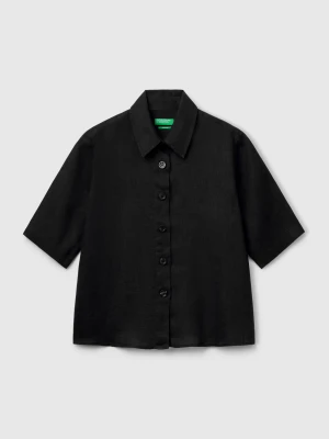 Benetton, Short Shirt In Pure Linen, Size: XXS, Black, Women United Colors of Benetton