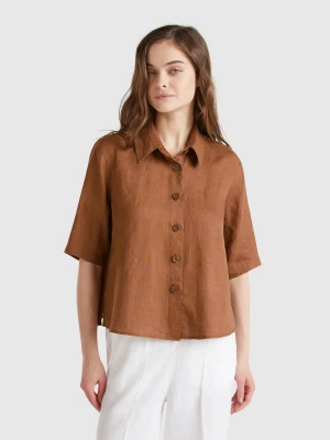 Benetton, Short Shirt In Pure Linen, size XXS, Brown, Women United Colors of Benetton