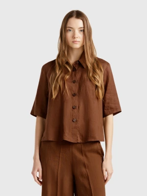 Benetton, Short Shirt In Pure Linen, size XXS, Brown, Women United Colors of Benetton