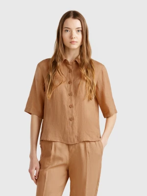 Benetton, Short Shirt In Pure Linen, size XXS, Camel, Women United Colors of Benetton