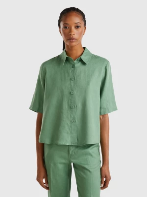 Benetton, Short Shirt In Pure Linen, size XXS, Green, Women United Colors of Benetton