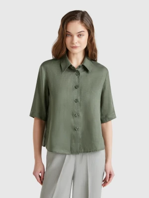 Benetton, Short Shirt In Pure Linen, size XXS, Military Green, Women United Colors of Benetton