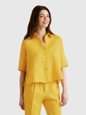 Benetton, Short Shirt In Pure Linen, size XXS, Mustard, Women United Colors of Benetton