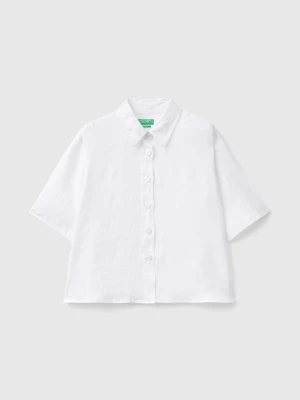 Benetton, Short Shirt In Pure Linen, Size: XXS, White, Women United Colors of Benetton