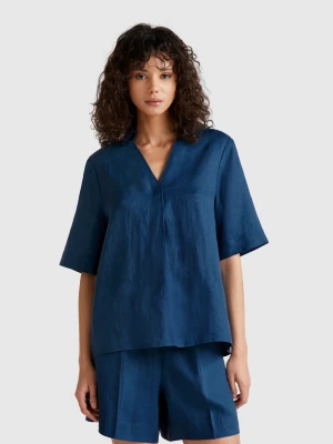 Benetton, Short Sleeve Blouse In Pure Linen, size XXS, Air Force Blue, Women United Colors of Benetton
