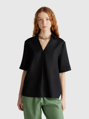 Benetton, Short Sleeve Blouse In Pure Linen, size XXS, Black, Women United Colors of Benetton