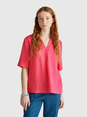 Benetton, Short Sleeve Blouse In Pure Linen, size XXS, Strawberry, Women United Colors of Benetton