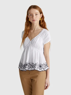 Benetton, Short Sleeve Blouse With Floral Embroidery, size XXS, White, Women United Colors of Benetton
