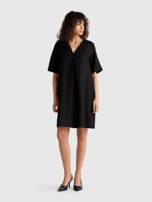 Benetton, Short Sleeve Dress In Pure Linen, size XXS, Black, Women United Colors of Benetton