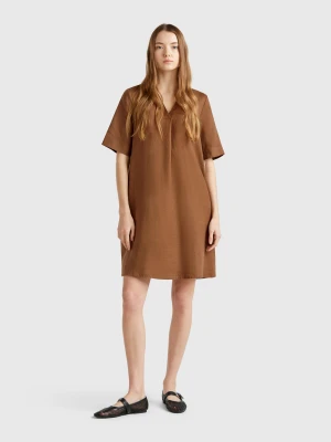 Benetton, Short Sleeve Dress In Pure Linen, size XXS, Brown, Women United Colors of Benetton