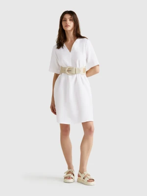 Benetton, Short Sleeve Dress In Pure Linen, size XXS, White, Women United Colors of Benetton