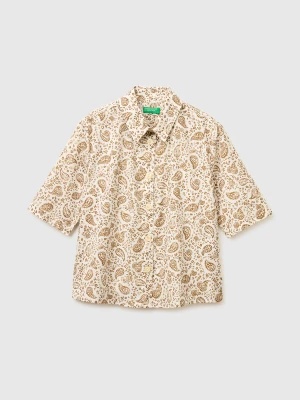 Benetton, Short Sleeve Patterned Shirt, Size: XS, Creamy White, Women United Colors of Benetton