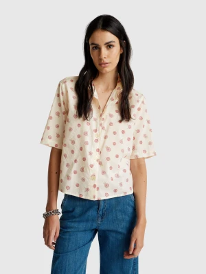 Benetton, Short Sleeve Patterned Shirt, Size: XXS, Creamy White, Women United Colors of Benetton