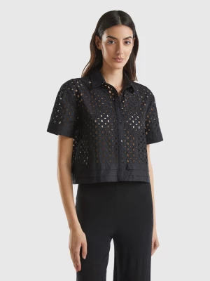 Benetton, Short Sleeve Shirt In Broderie Anglaise, size L, Black, Women United Colors of Benetton