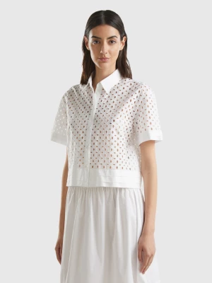 Benetton, Short Sleeve Shirt In Broderie Anglaise, size L, White, Women United Colors of Benetton