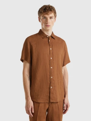 Benetton, Short Sleeve Shirt In Pure Linen, size XL, Brown, Men United Colors of Benetton