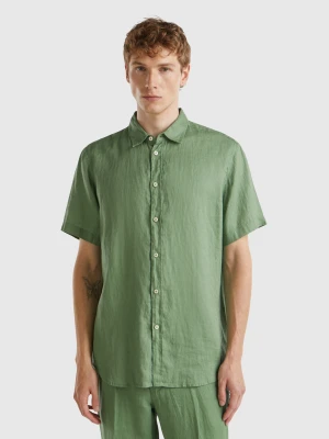 Benetton, Short Sleeve Shirt In Pure Linen, size XL, Green, Men United Colors of Benetton