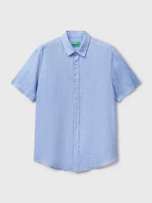 Benetton, Short Sleeve Shirt In Pure Linen, Size: XS, Light Blue, Men United Colors of Benetton