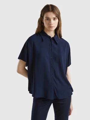 Benetton, Short Sleeve Shirt In Sustainable Viscose, size L, Dark Blue, Women United Colors of Benetton
