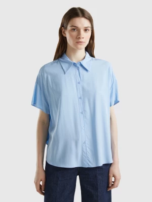Benetton, Short Sleeve Shirt In Sustainable Viscose, size L, Sky Blue, Women United Colors of Benetton
