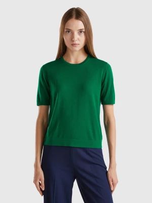 Benetton, Short Sleeve Sweater In Pure Merino Wool, size S, Green, Women United Colors of Benetton