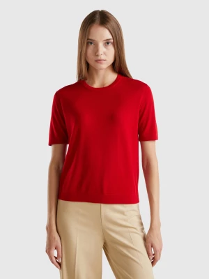 Benetton, Short Sleeve Sweater In Pure Merino Wool, size XS, Red, Women United Colors of Benetton