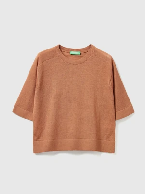 Benetton, Short Sleeve Sweater In Pure Merino Wool, Size: XXS, Camel, Women United Colors of Benetton