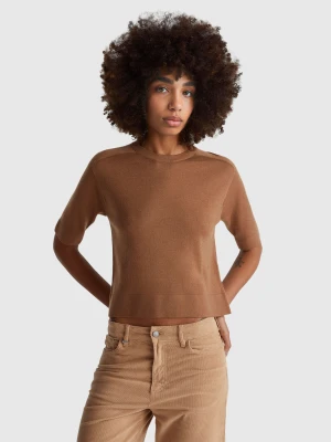 Benetton, Short Sleeve Sweater In Pure Merino Wool, Size: XXS, Camel, Women United Colors of Benetton