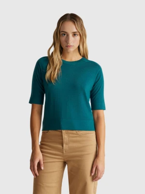 Benetton, Short Sleeve Sweater In Pure Merino Wool, Size: XXS, Dark Green, Women United Colors of Benetton