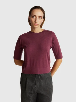 Benetton, Short Sleeve Sweater In Pure Merino Wool, Size: XXS, Plum, Women United Colors of Benetton