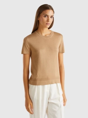 Benetton, Short Sleeve Sweater In Silk Blend, size L, Camel, Women United Colors of Benetton