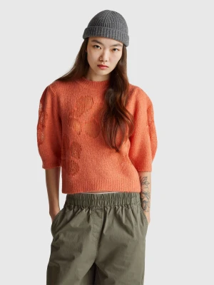 Benetton, Short Sleeve Sweater With Floral Inlay, Size: L, Orange, Women United Colors of Benetton