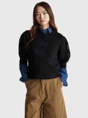 Benetton, Short Sleeve Sweater With Floral Inlay, Size: XXS, Black, Women United Colors of Benetton