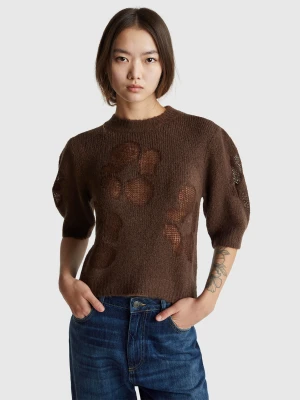 Benetton, Short Sleeve Sweater With Floral Inlay, Size: XXS, Brown, Women United Colors of Benetton