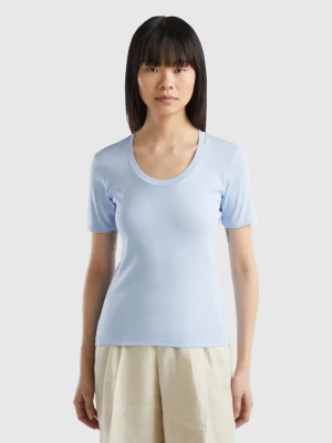 Benetton, Short Sleeve T-shirt In Long Fiber Cotton, size L, Sky Blue, Women United Colors of Benetton